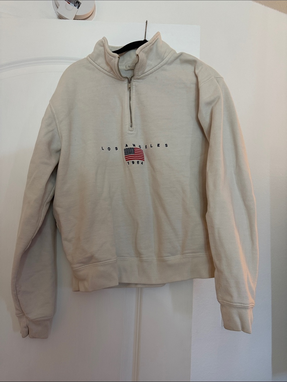Brandy Melville Cream Half-Zip Sweatshirt with Flag Embroidery